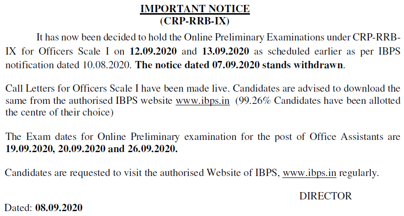 ibps rrb exam date notice 9 september 2020