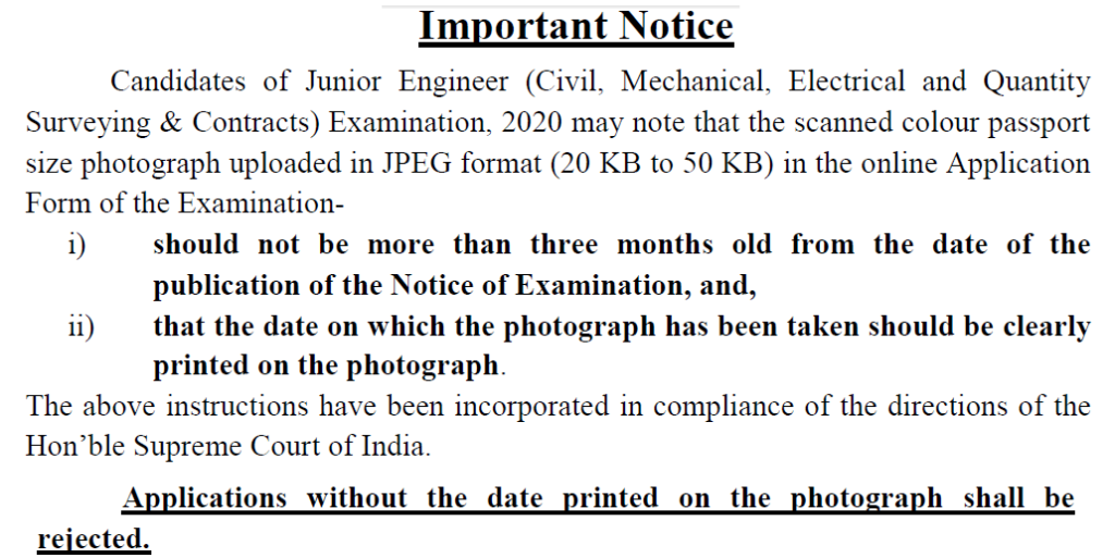 SSC JE 2020 notice for photogaph