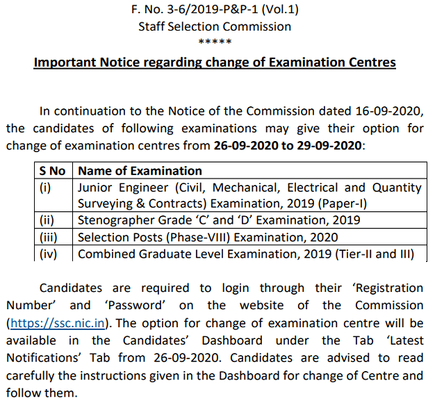 change of ssc examination notice 26 Sep 2020