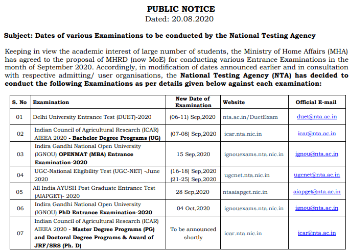 ugc net exams date notice by NTA on 20th August 2020