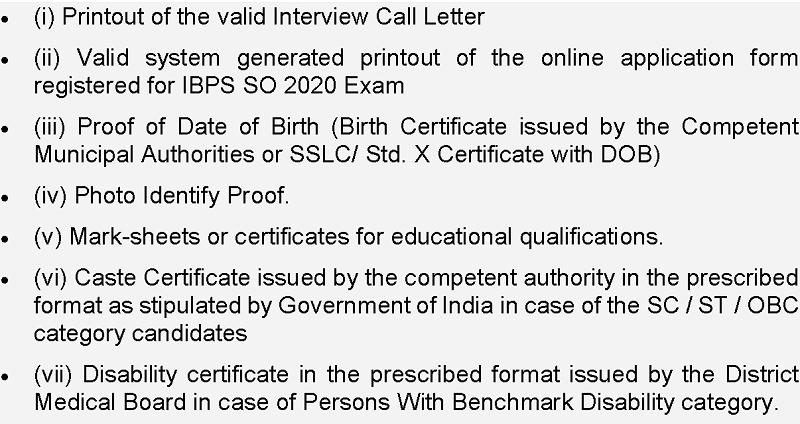 ibps so list of documents required for interview